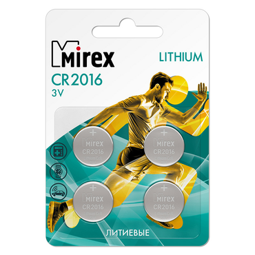 Батарейка дисковая литиевая тип CR2016, Mirex, 3V  (4шт в блистере), 23702-CR2016-E4 (цена за 1 шт)
