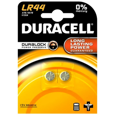 Батарейка дисковая щелочная (алкалиновая) тип AG13/LR44/LR1154/357, Duracell LR44-2BL (2шт в блистере)