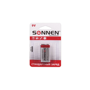 Батарейка солевая тип КРОНА 9V, 6R61, 6F22, 1604, SONNEN (1шт в спайке), 451101