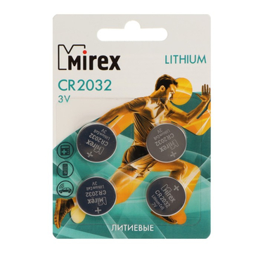 Батарейка дисковая литиевая тип CR2032, Mirex, 3V (4шт в блистере), 23702-CR2032-E4
