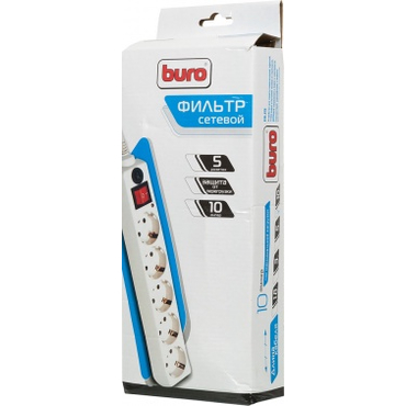 Сетевой фильтр Buro 500SH-10-W 10м (5 розеток) в коробке белый 