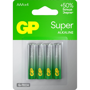 Батарейкa щелочная (алкалиновая) тип ААА/LR03, GP Super ( 4шт в блистере)