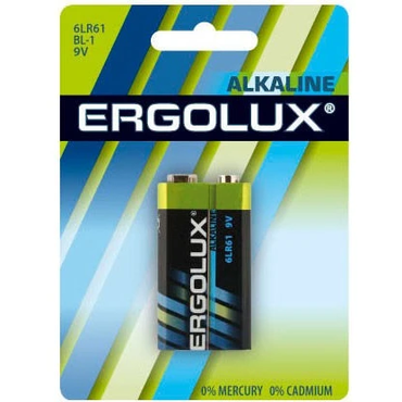 Батарейкa щелочная (алкалиновая) тип КРОНА 9V-6LR61, Ergolux (1шт в блистере)