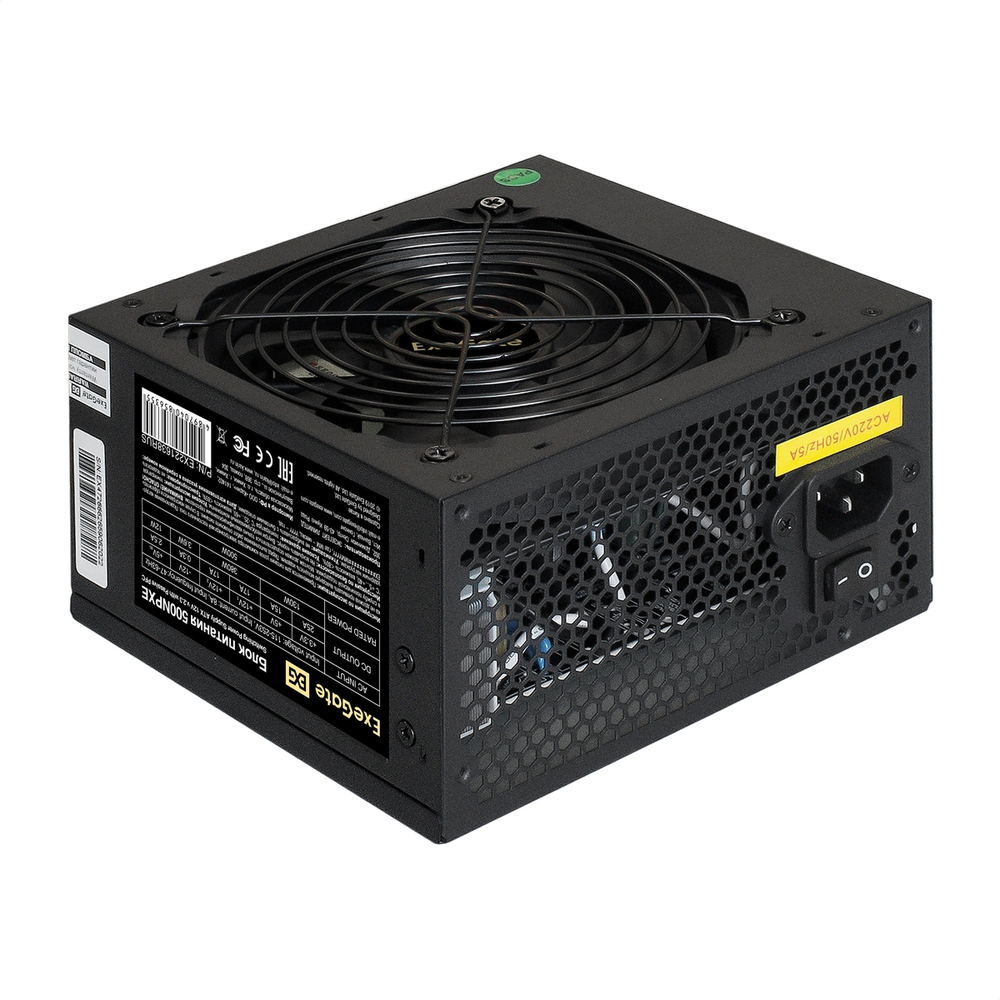 Блок питания 500W ExeGate 500NPXE (ATX, PPFC, SC, 12cm fan, 24pin, 2x(4+4)pin, 2xPCI-E, 5xSATA, 3xIDE, black, кабель 220