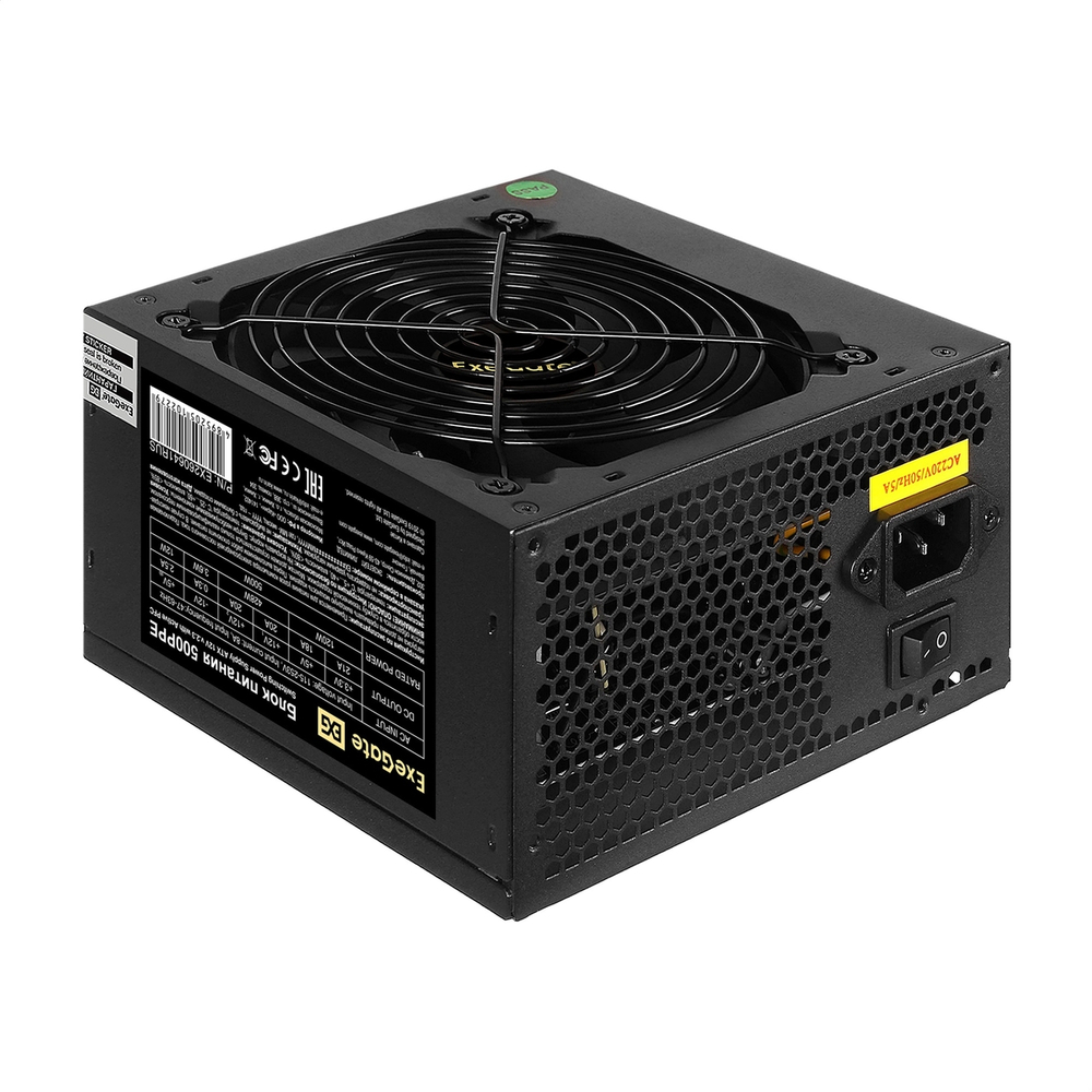 Блок питания 500W ExeGate 500PPE (ATX, APFC, PC, КПД 80% (80 PLUS), 12cm fan, 24pin, 2x(4+4)pin, 2xPCI-E, 5xSATA, 3xIDE,