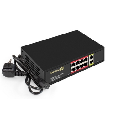 Коммутатор ExeGate EDGS-1010D.8PoE-120W (10х10/100/1000 Base-T: 8хIEEE 802.3af (PoE),PoE: 15,4W, суммарно 120W,2хRJ45, настенный/настольный, металл.)