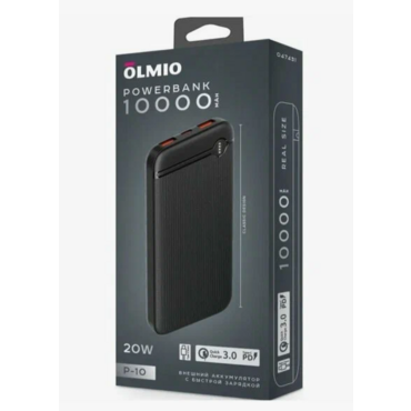 Внешний аккумулятор OLMIO P-10, 10000mAh, 20W, QuickCharge3.0/PowerDelivery, черный <P-10 черный>