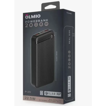 Внешний аккумулятор OLMIO P-20, 20000mAh, 20W, QuickCharge3.0/PowerDelivery, черный <P-20 черный>