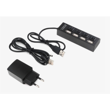 Разветвитель USB2.0 Gembird 4xUSB, блок питания 2А, подсветка и выкл, кабель USB 55 см, черный <UHB-U2P4-02A>