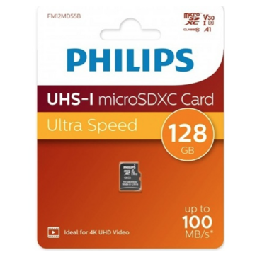 Флеш карта microSD 128Gb PHILIPS High Speed microSDHC Class UHS-I U3, V30, A1, 100Mb/s <FM12MD55B/97>