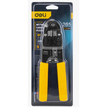 Обжимные клещи Deli DL381008 RJ45 Размер: 205мм. Спецификация обжима: 8P. Холоднокатаный стальной лист с черной отделкой, ручка из ПВХ. Лезвие SK5. Ин