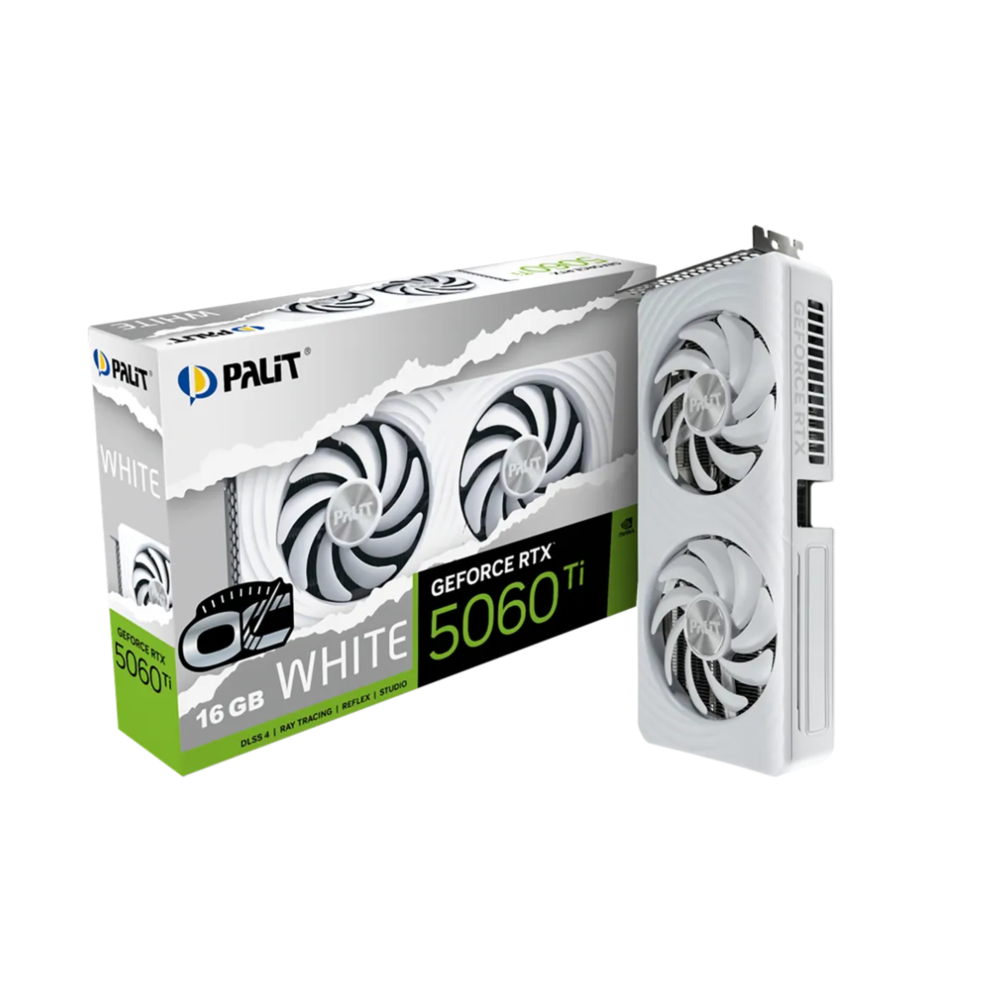 Видеокарта Palit GeForce RTX 5060 Ti WHITE OC, 16 GB GDDR7, 128 bit, 3xDisplayPort, HDMI, GPU 2407 MHz