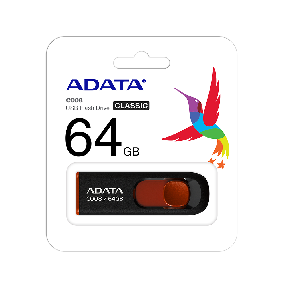Флешка USB ADATA С008 (AC008-64G-RKD), 64Gb, USB 2.0, R/W 15/5, черный/красный