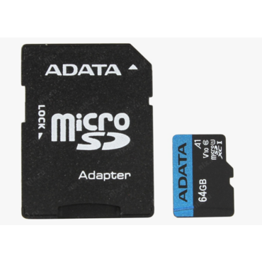 Флеш карта microSD 64Gb ADATA microSDHC Class 10 UHS-I A1 100/25 MB/s (SD адаптер) AUSDX64GUICL10A1-RA1