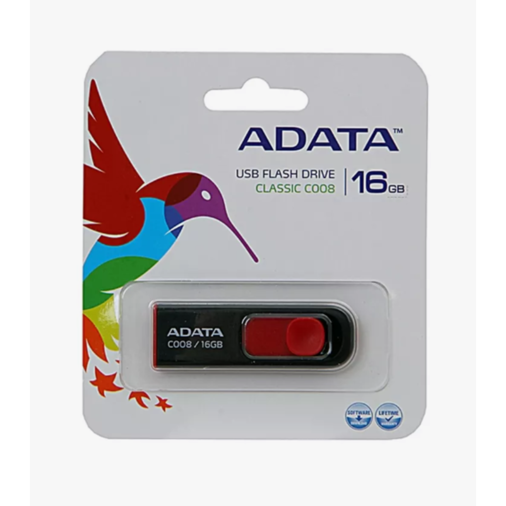 Флешка USB ADATA Classic C008 (AC008-16G-RKD), 16Gb, USB 2.0, R/W 30/6, черный/красный AC008-16G-RKD