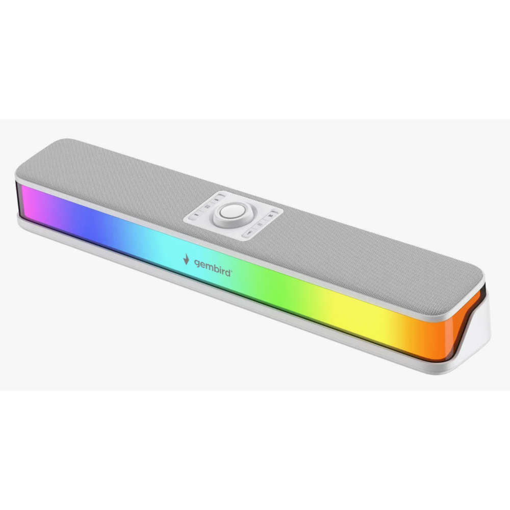 Саундбар 2.0 Gembird SPK-330-W, 16Вт, пластик+ткань, рег.громкости, RGB подсветка, BT, аккумулятор, белый